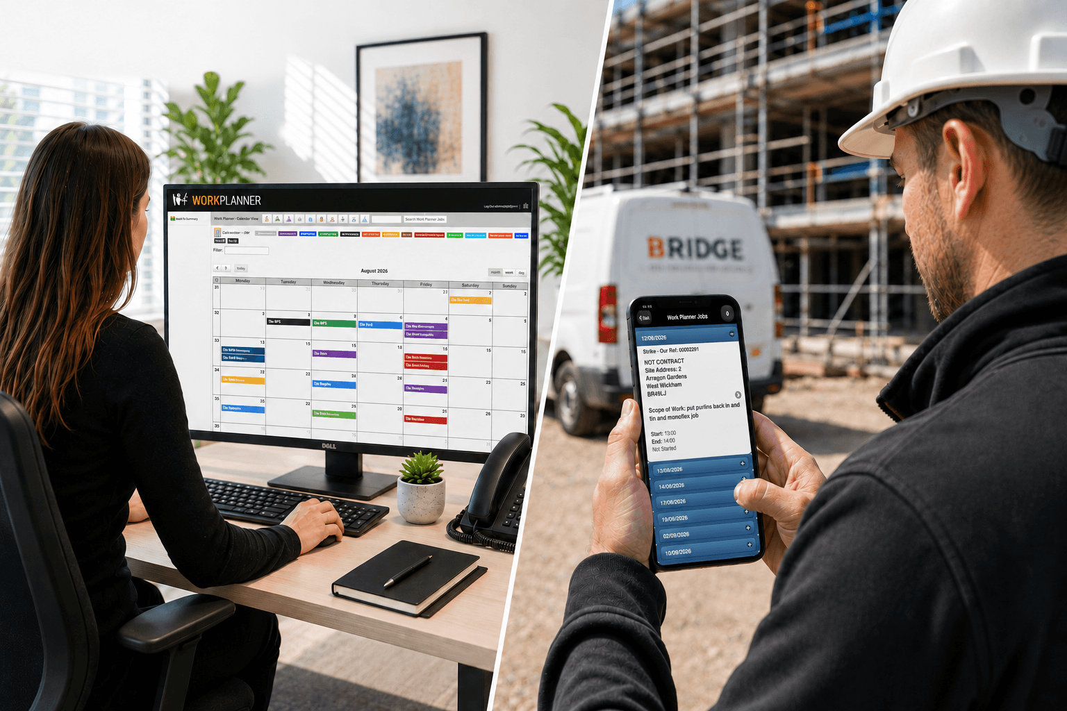 WorkPlanner Construction Job Management & Scheduling Software WorkPlanner construction job management software showing office scheduling and mobile field service job management.